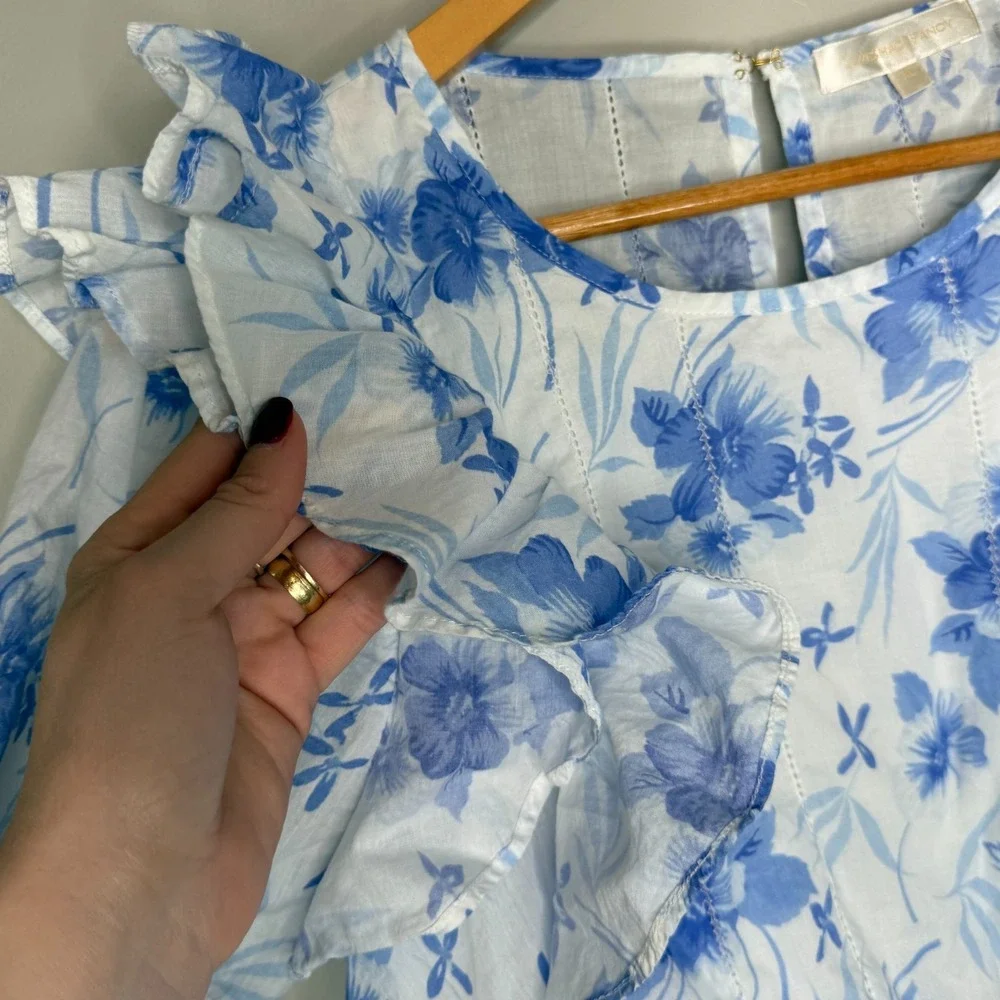 LoveShackFancy Womens XL Floral Mini Dress Blue White Ruffle Cotton